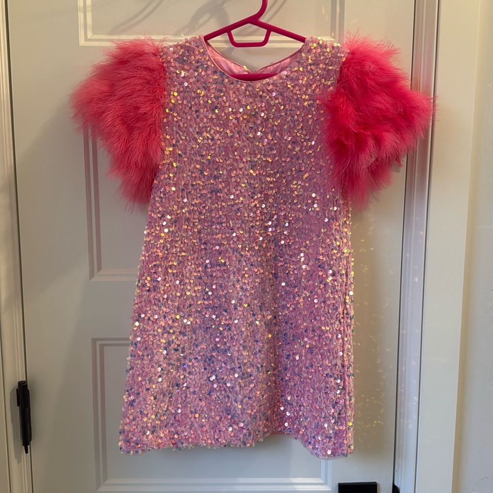 Pink sequin & feather Lola + The Boys dress
